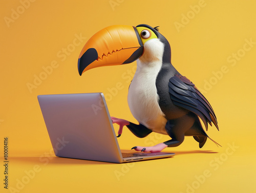 A Cute 3D Toucan Using a Laptop Computer in a Solid Color Background Room