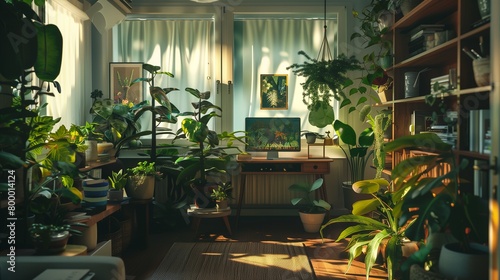 Urban jungle interiors with lots of indoor plants, botanical prints, and natural light.