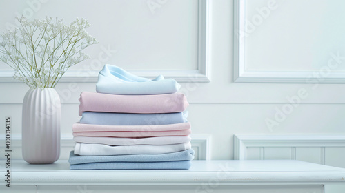 Stack of folded clothes on plain background with copy-space for text. All seasons collection. T-shirts in Colorful pastel colors were displayed on a wooden shelf and white background with decorations.