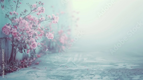 A pastel wall with a tree and flowers in the background