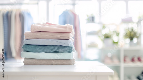 Stack of folded clothes on plain background with copy-space for text. All seasons collection. T-shirts in pastel pink and blue color tones were displayed on a table in a clothes shop background.