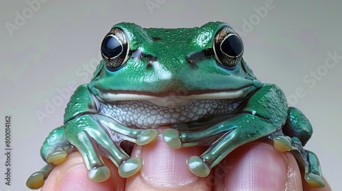 A green frog with big black eyes is sitting on a human finger.