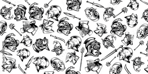 pattern of Roman gladiator armour helmets black and white vector illustration