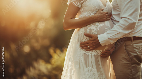Close-up of a pregnancy mom belly is hugged by her husband. The groom is hugging bride belly from behind on a dawn forest background. photo