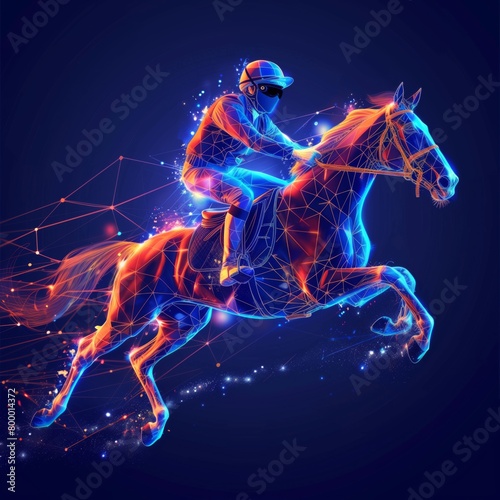 Horse Racing jockey in action made of polygon Al neon network on dark blue background