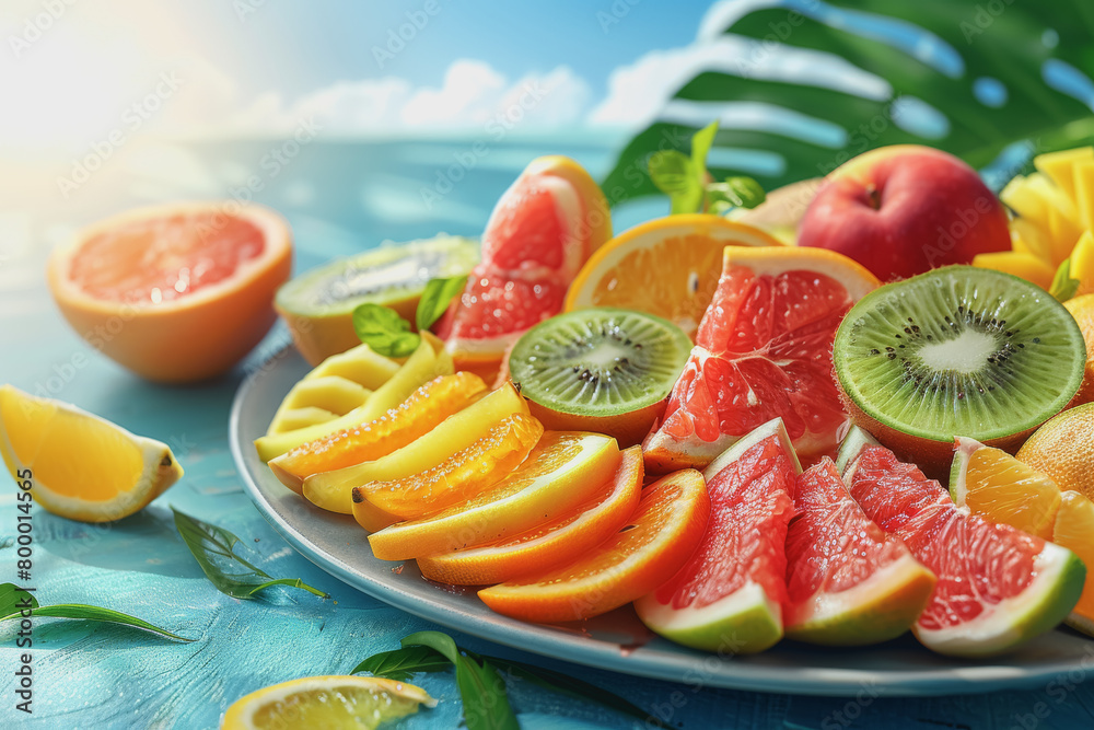 Colorful tropical fruit platter with a variety of fresh slices a sunny summer sky, copy space