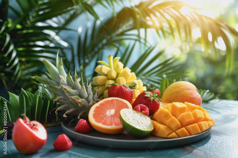 Colorful tropical fruit platter with a variety of fresh slices a sunny summer sky, copy space Colorful tropical fruit platter with a variety of fresh slices a sunny summer sky, copy space