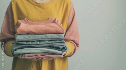 Close-up of two hands is holding stack of clothes on a plain background. Folded stacked towels in dark color tone were held by a woman hands on a plain grey background. © Kanlayarawit