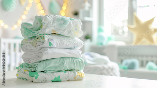 Stack of folded clothes on plain background with copy-space for text. All seasons collection. Diapers in pastel green color tones were displayed on a decorative kid room background.