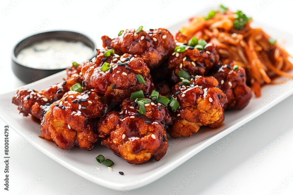Saucy barbecue cauliflower bites with a side of slaw and dip on a sleek white dish Saucy barbecue cauliflower bites with a side of slaw and dip on a sleek white dish
