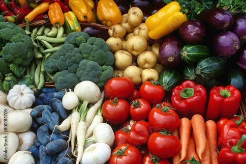 A colorful array of assorted vegetables is artfully arranged on a display  showcasing their freshness and variety.