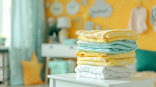 Stack of folded clothes on plain background with copy-space for text. All seasons collection. Diapers in pastel yellow and green color tones were displayed on a decorative kid room background. © Kanlayarawit