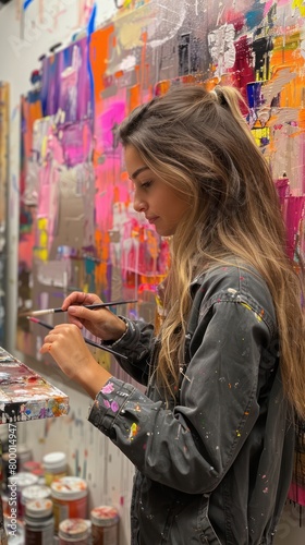 Female painter in her studio, adding final touches to a modern abstract painting.