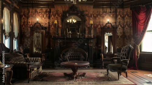 Victorian Gothic design with dark wood furniture  dramatic drapes  and ornate mirrors.
