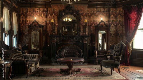 Victorian Gothic design with dark wood furniture, dramatic drapes, and ornate mirrors.