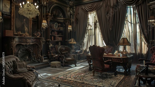 Victorian Gothic design with dark wood furniture, dramatic drapes, and ornate mirrors. photo
