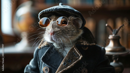 A rat wearing a tweed coat and sunglasses, sitting in a library