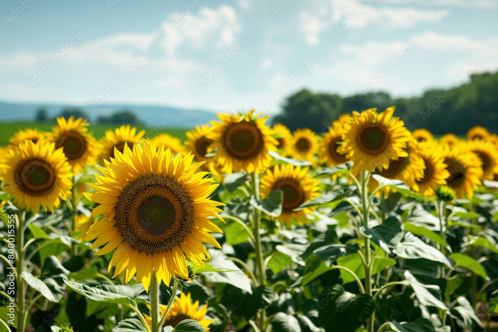 Summer breezes murmur through a lush field of sunflowers. Summer breezes murmur through a lush field of sunflowers.