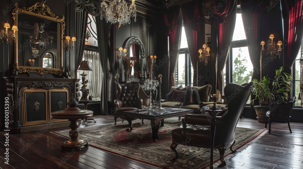 Victorian Gothic design with dark wood furniture, dramatic drapes, and ornate mirrors.