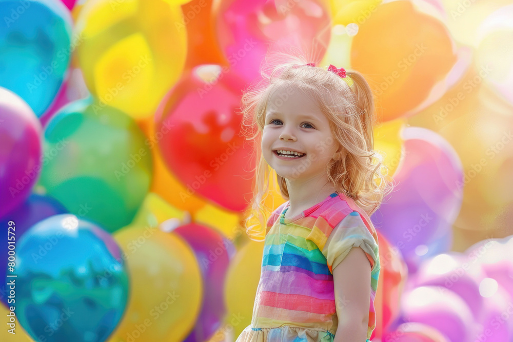 Smiling young girl stands among a plethora of multicolored balloons with a joyous expression Smiling young girl stands among a plethora of multicolored balloons with a joyous expression