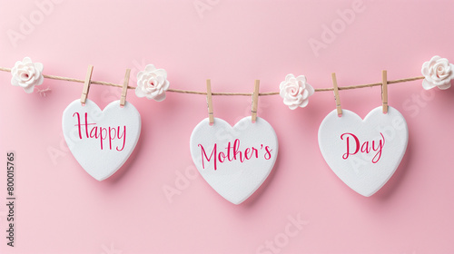 Happy Mother's Day written in pink hearts hanging on a clothesline