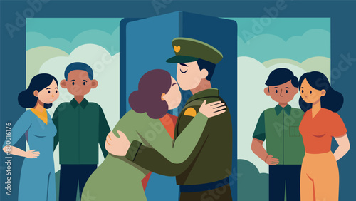 The heartwrenching scene of a soldier bidding farewell to his loved ones knowing he may never return.. Vector illustration photo