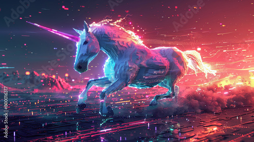 A unicorn running through a city at night. The unicorn is white with a rainbow mane and tail, and the city is full of bright lights and skyscrapers