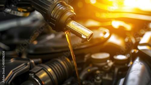 Oiling an engine with oil, shown in closeup as yellow light liquid is poured into a car's hood photo