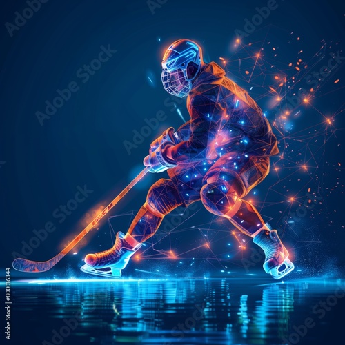 Ice Hockey player in action made of polygon Al neon network on dark blue background