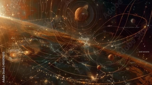 Fantasy cosmic map with planets and star routes in warm hues