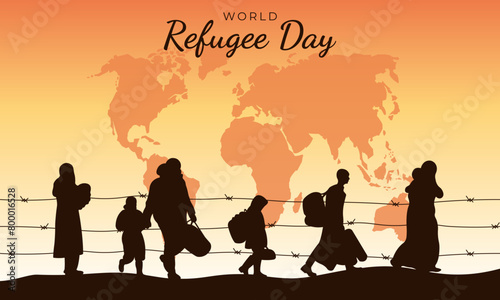  World Refugee Day.Horizontal banner with silhouettes of refugees.Vector illustration.
