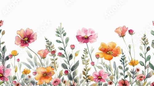 Abstract pink and orange flowers, leaves and plants on a white background