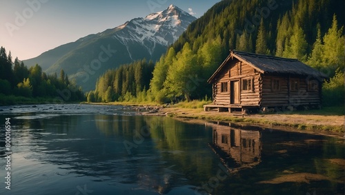An old wooden hut on a river with mountain view and trees, plants, beautiful nature, 8k, wallpaper photo
