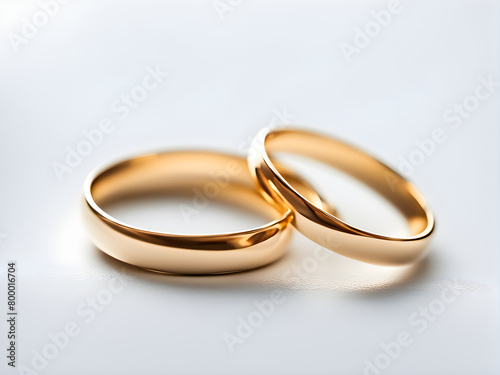 A pair of gold wedding rings, set against a solid color background, with concepts of love and marriage, Valentine's Day