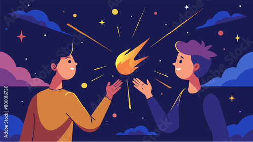 As shooting stars streaked across the darkness two best friends debated the intricacies of time and space their passionate voices rising with each new. Vector illustration