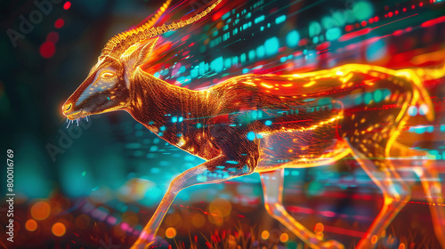 An abstract painting of an antelope made of glowing particles