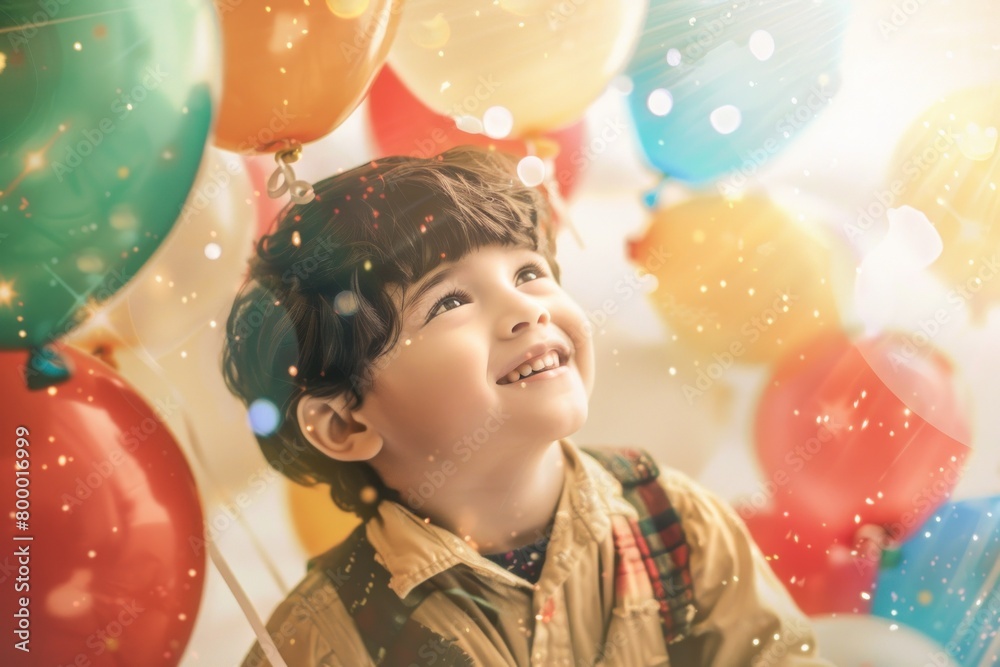 Close-up of a young boy amidst a bunch of balloons creating a sense of mystery and celebration