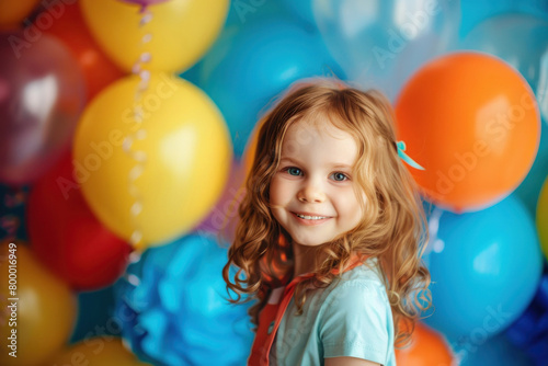 A radiant young girl with curly hair smiling joyfully in a room filled with colorful balloons