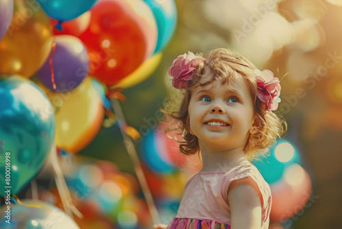 A young girl with floral hair decorations smiles brightly surrounded by a colorful array of balloons