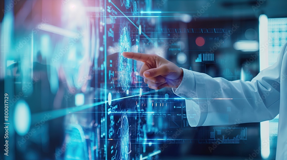 A scientist is interfacing with a holographic display showing advanced data analytics in a high-tech research environment..