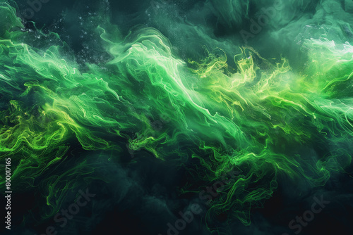 Lively green hues on a black canvas, abstract vibrancy, colorful motion,3D render