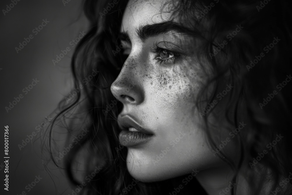 A black and white portrait of a woman with natural freckles scattered across her face, capturing her unique beauty and charm. A black and white portrait of a woman with natural freckles scattered across her face, capturing her unique beauty and charm.