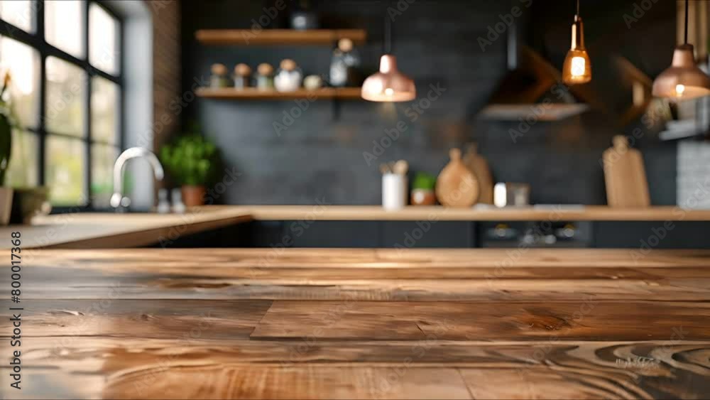 Sleek wood table top, modern kitchen background in soft blur, bright and montage ready Sleek wood table top, modern kitchen background in soft blur, bright and montage ready