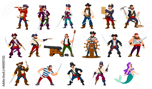 Cartoon pirate and corsair characters. Isolated vector set of whimsical seafaring male and female buccaneers with eye patches  grappling hooks and swords  exploring high seas for treasures and thrills