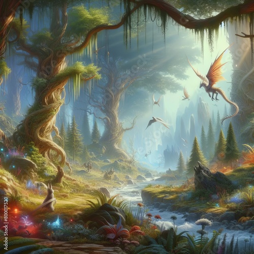 A fantastical fairy tale background of enchanted forests and mag