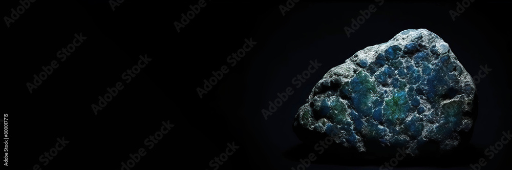 Plancheite is a rare precious natural stone on a black background. AI generated. Header banner mockup with space.