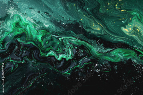 Lively green hues on a black canvas, abstract vibrancy, colorful motion,3D render © PHAISITSAWAN