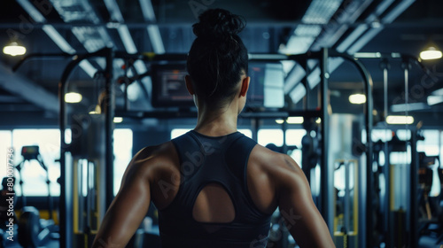 Rear view of a determined athlete at the gym  ready to start a training session surrounded by workout equipment. Focused Athlete Preparing for Workout in a Gym  