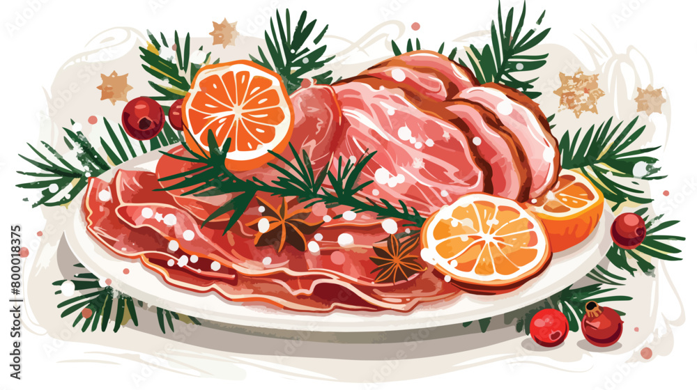Plate with tasty ham dried citruses Christmas branched