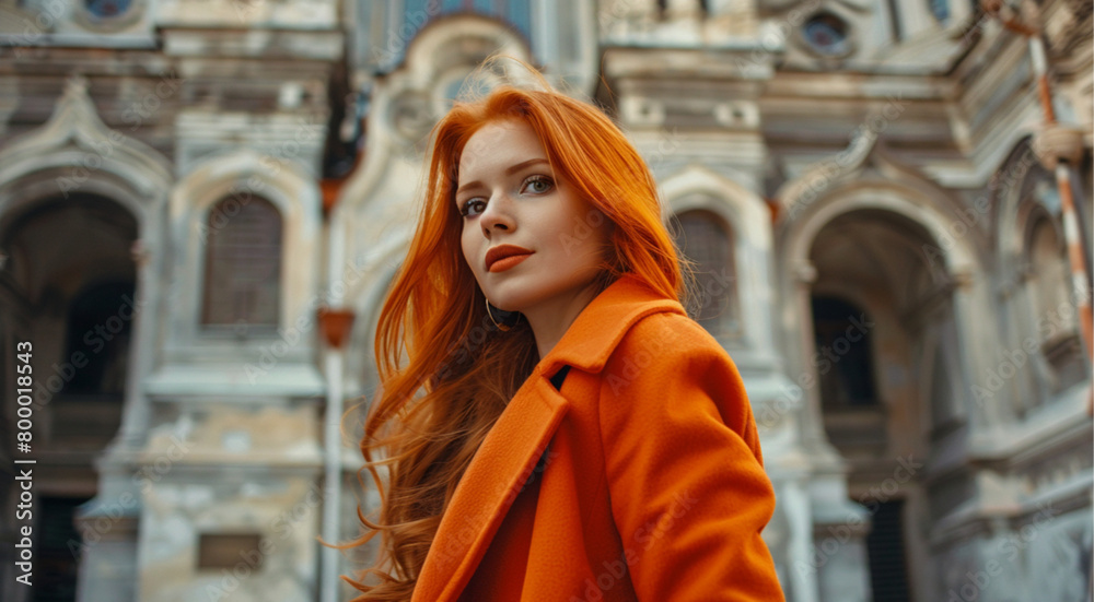 A beautiful woman with long red hair in an orange coat posing against the backdrop of old architecture, soft studio lighting A beautiful woman with long red hair in an orange coat posing against the backdrop of old architecture, soft studio lighting